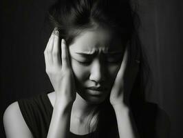 asiatisk kvinna visas till vara i smärta från huvudvärk ai generativ foto