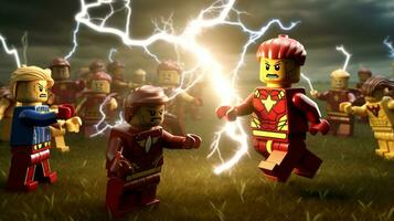 LEGO hjältar teaming upp till spara de värld ai generativ foto