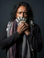 mexikansk man är visad lidande från kall med rinnande näsa på grå bakgrund ai generativ foto