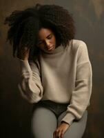 afrikansk kvinna är ledsen på en minimalistisk neutral bakgrund ai generativ foto