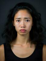 asiatisk kvinna är ledsen på en minimalistisk neutral bakgrund ai generativ foto