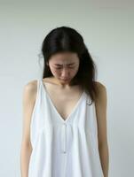 asiatisk kvinna är ledsen på en minimalistisk neutral bakgrund ai generativ foto