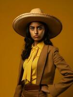 mexikansk kvinna är ledsen på en minimalistisk neutral bakgrund ai generativ foto