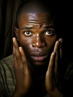 ung man med afrikansk funktioner vem visas till vara chockade ai generativ foto
