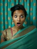 ung kvinna med indisk funktioner vem visas till vara chockad ai generativ foto