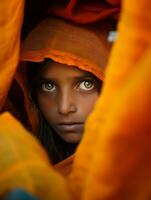 ung kvinna med indisk funktioner vem visas till vara chockad ai generativ foto