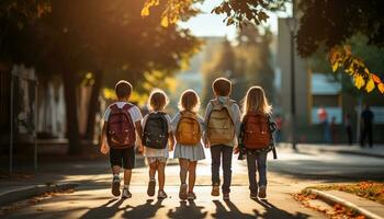 en grupp av Lycklig ung studenter, Inklusive en flicka, och pojke med en ryggsäck, promenad till skola tillsammans, chattar och skrattande som de njut av deras vänskap och de spänning av inlärning. generativ ai foto