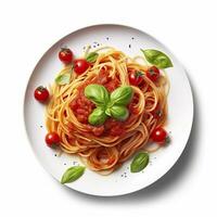 utsökt tallrik av spaghetti med tomat sås på en vit bakgrund generativ ai foto