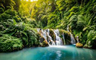 cascading vattenfall symfoni, en fängslande snapshot av naturens majestätisk kraft mitt i frodig, grönskande baldakiner. ai genererad foto