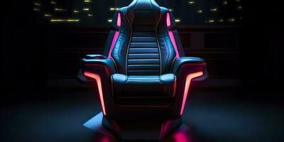 80s inspirerad kapten stol från stjärna vandra med neon lampor och cockpit interiör bakgrund. ai generativ foto