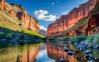en lugn flod slingrande genom de majestätisk kanjon - en fängslande landskap av lugn och skönhet. ai genererad foto