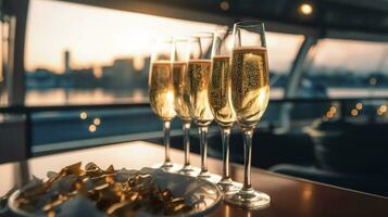 lyx kväll fest på en cruising Yacht med en champagne miljö. champagne glasögon och flaskor med champagne med bokeh Yacht i de bakgrund, ingen. ai generativ foto