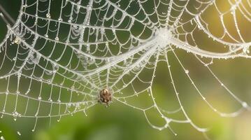 naturens mästerverk avtäckt, en fascinerande närbild av en spindelns webb blänkande med morgon- dagg, avslöjande de utsökt skönhet av invecklad symmetri. ai genererad foto