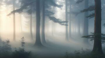 en mystisk och eterisk skog landskap höljd i morgon- dimma. ai genererad foto