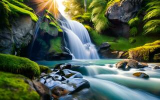 naturens mäktig symfoni, fångande de rå kraft av en rytande vattenfall mitt i de frodig omfamning av en tät skog. ai genererad foto