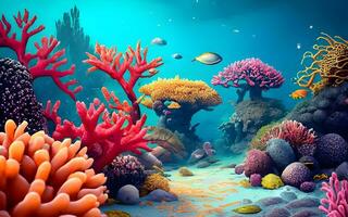 under vattnet symfoni av färger, en fascinerande korall rev balett i grund vattnen. ai genererad foto