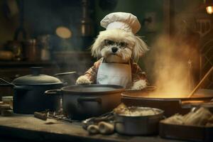 förtjusande kock hund matlagning. generera ai foto