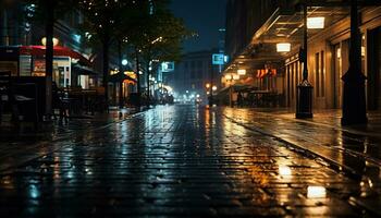 trottoar på natt efter regn med våt gator ai generativ foto