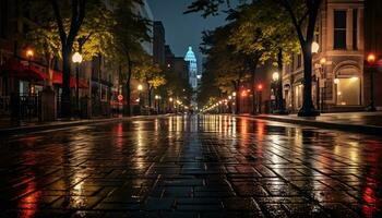 trottoar på natt efter regn med våt gator ai generativ foto