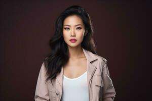 asiatisk modell i eleganta tillfällig kläder på enkel fast studio bakgrund ai generativ foto