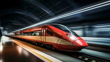 hög hastighet tåg tävlings längs de spår ai generativ foto