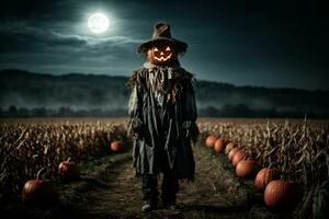 ai generativ halloween grafik. illvillig scarecrow tar Centrum skede, uppsättning mot en bakgrund av förtvining fält och en full måne. foto