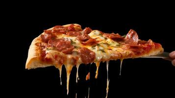 färsk utsökt pizza isolerat på svart bakgrund. generativ ai foto