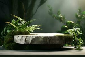 Produkter visa podium med natur löv bakgrund. generativ ai foto