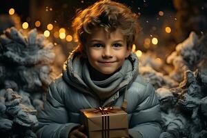 lockigt hår Lycklig liten pojke med jul gåva på bokeh bakgrund. närbild. generativ ai foto