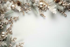 hörn av jul träd grenar med dekorationer. ai genererad foto