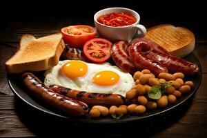 engelsk frukost med friterad ägg bacon korvar bönor skålar på mörk bakgrund. generativ ai foto