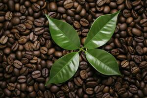 grön löv med kaffe bönor som bakgrund. ai genererad foto