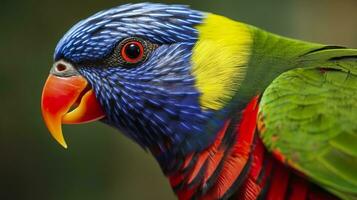 sida se närbild av skön och färgrik lorikeet grön naken fågel. generativ ai foto