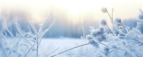 frysta snöig gräs, vinter- naturlig abstrakt bakgrund. skön vinter- landskap. ai genererad foto