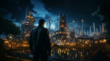 olja raffinaderi ingenjör, olja industri arbetstagare står i främre av en stor kemisk växt foto