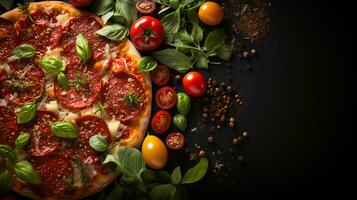 ai-genererad utsökt italiensk pizza med pepperoni och tomater foto