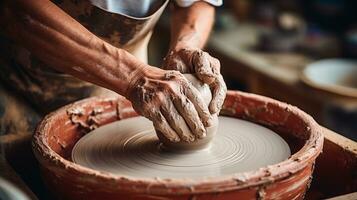 händer arbetssätt med lera på krukmakare hjul, hantverk, traditionell hantverk making.ai generativ. foto