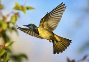 oliv stöd solfågel, gul magad sunbird flygande i de ljus himmel. generativ ai foto