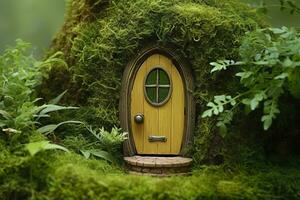liten magi trä- fe- dörrar och växter lämna på en mossiga naturlig grön bakgrund. ai genererad foto