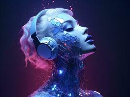 robot kvinna lyssnande låt från hörlurar. ai genererad musik begrepp. foto