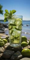 fantastisk Foto av cocktail mojito, en solig sommar strand i de bakgrund. generativ ai