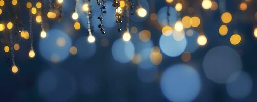 Semester belysning och dekoration begrepp, jul krans bokeh lampor över mörk blå bakgrund. ai genererad foto