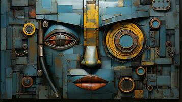 generativ ai, abstrakt robot ansikte på rostig årgång metall bakgrund, geometrisk former foto