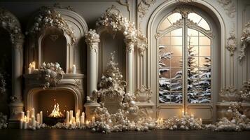 generativ ai, lyx beige interiör med jul gyllene och vit dekoration foto