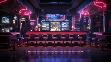 generativ ai, cyberpunk stil bar eller Kafé. natt scen av stor stad, trogen nostalgisk 80-tal, 90-tal. neon lampor vibrerande färger, fotorealistisk horisontell illustration. foto