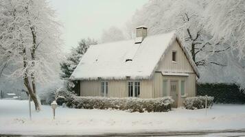 generativ ai, hus främre i de vinter- med jul dekoration, krans och krans. snö mysigt säsong foto