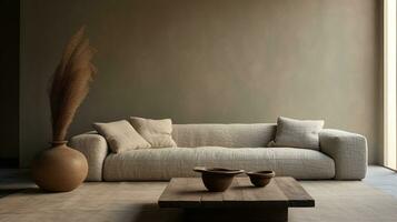generativ ai, vit mysigt mjuk soffa. interiör design av levande rum, värma minimalism, wabi sabi stil foto