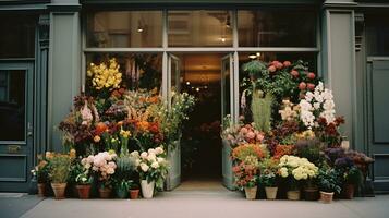 generativ ai, gata blommig affär med färgrik blommor, estetisk dämpad färger foto