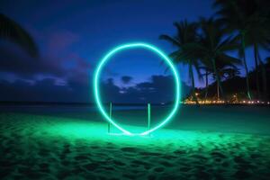 neon ljus cirkel på tropisk strand på natt, sommar fest. generativ ai foto