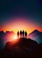grupp av människor på topp av de berg på solnedgång, generativ ai foto